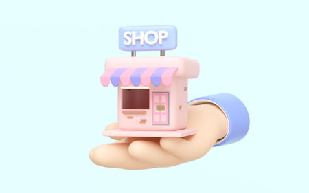 3D Businessman hand holding store building icon isolated on blue background. cartoon style. Shop...