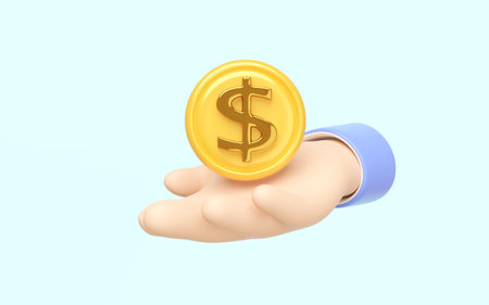 3d cartoon hand holding dollar coins icon isolated on blue background. investment business concept, 3d render illustrationの写真素材