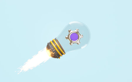 3d light bulb jet with gear isolated on blue background. startup, business idea, investment business...