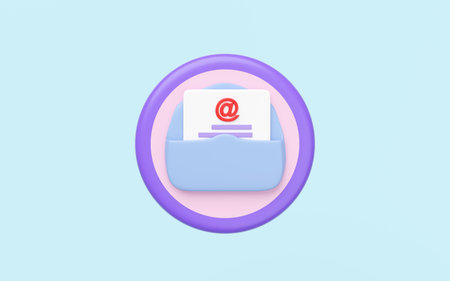 3D envelope with at symbol, circle button  isolated on blue background. notify newsletter, online social network, incoming email concept, minimal design, cartoon style, 3d render illustrationの写真素材