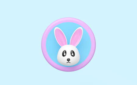 3d cute rabbit head in the circle label isolated on blue background. mascot, icon, character, logo cartoon style, 3d render illustrationの写真素材