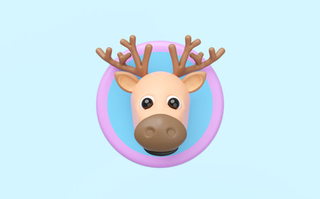 3d cute deer head in the circle label icon isolated on blue background. mascot, character, logo, cartoon style, 3d render illustrationの写真素材