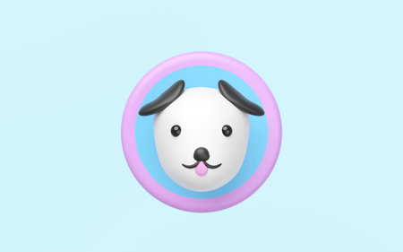 3d cute dog head in the circle label icon isolated on blue background. mascot, character, logo, cartoon style, 3d render illustrationの写真素材
