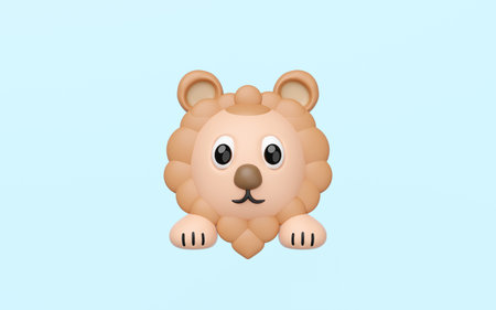 A charming 3D cartoon lion head with paws on a light blue. This cute, stylized animal character features large eyes and a friendly expression, perfect for children's designs or mascots.3d renderの写真素材