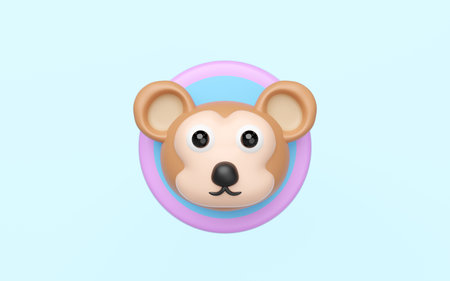 Vibrant 3D monkey character head with expressive eyes and a black nose, set against a two-tone pastel circular backdrop of blue and purple, on a plain light blue background. Playful design.の写真素材