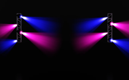 Vibrant blue and magenta spotlights illuminate a dark stage, emanating from symmetrical trusses. Dynamic lighting for concerts, parties, events, or product displays. Ideal background with copy space.の写真素材