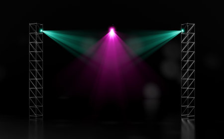 Empty dark stage with two metal truss towers projecting teal spotlights from the sides. A central magenta spotlight illuminates the floor, creating dynamic light beams for events shows.の写真素材