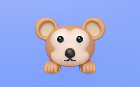 Cute 3D cartoon monkey head peeking with hands from bottom, rendered in a playful, minimal style against a vibrant blue background. Ideal for children designs, apps, or joyful themes.の写真素材