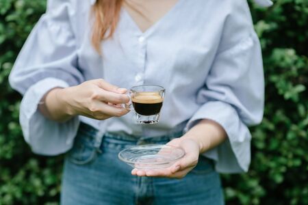 espresso coffee on hand, espresso cupの写真素材