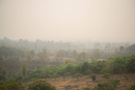 High angle view of the northern of Thailand, The problem of dust in the air (PM 2.5) in Chiang Rai. Smog city from PM 2.5 dust.の写真素材
