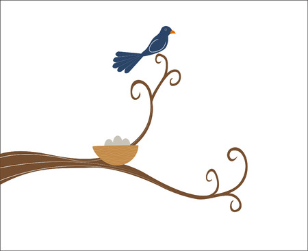 Mother bird perched on a tree branch to keep the nestのイラスト素材