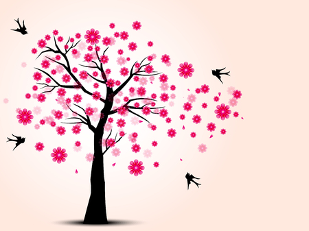 The silhouette of cherry trees and swallow birdのイラスト素材