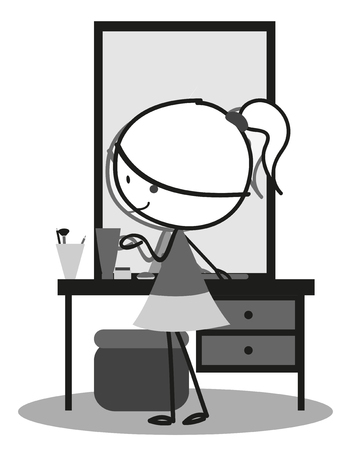 Doodle little girl dress up  make up in front of the mirrorのイラスト素材