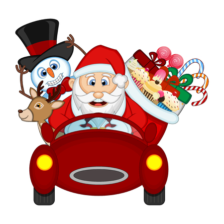 Santa Claus Driving a Red Car Along With Reindeer, Snowman And Brings Many Giftsのイラスト素材