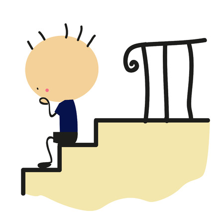 Doodle little boy sitting on stairs - Full Colorのイラスト素材