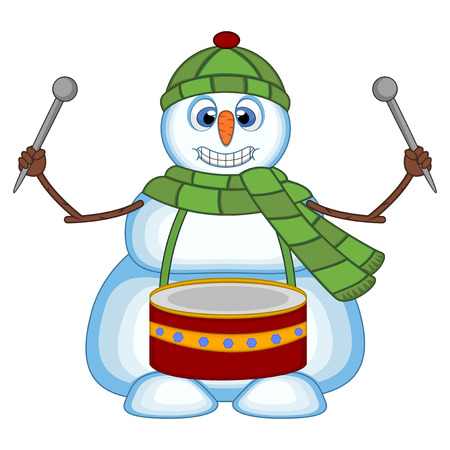 Snowman playing drums wearing a green head cover and a scarf for your design vector illustrationのイラスト素材