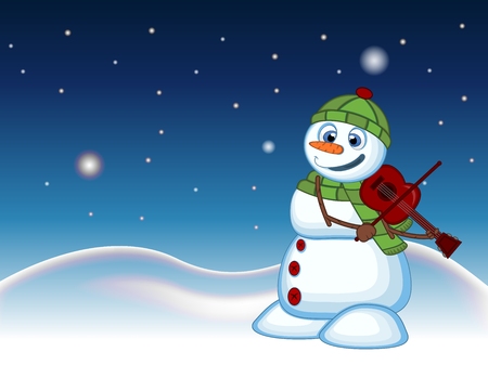Snowman with green head cover and green scarf playing the violin with star, sky and snow hill background for your design vector illustrationのイラスト素材