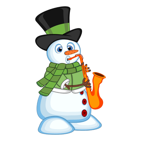 Snowman wearing a hat, green sweater and a green scarf playing saxophoneのイラスト素材