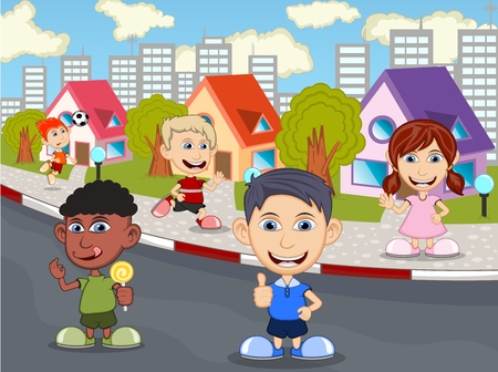 Children playing on the street cartoonのイラスト素材