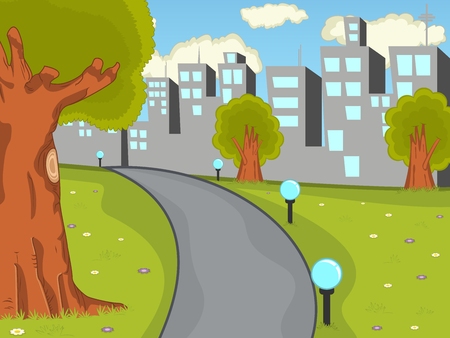 Park with city background cartoonのイラスト素材