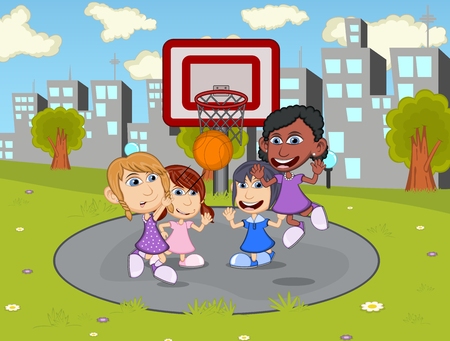 Children playing basketball in the city park cartoonのイラスト素材