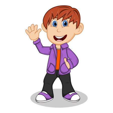 Boy with purple jacket and black trousers waving his hand cartoonのイラスト素材
