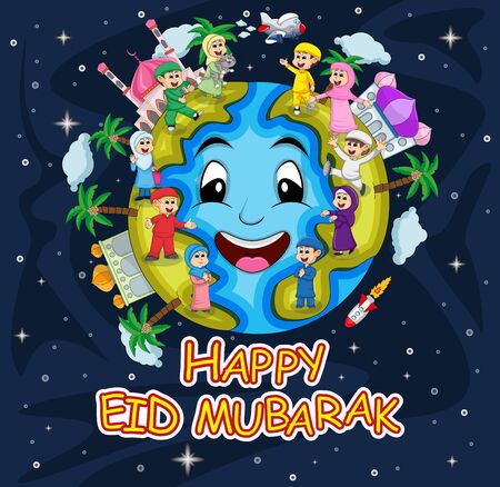 happy eid mubarak with space illustrations, Muslim children, mosques, stars, planets, earth and sun cartoon vector illustrationのイラスト素材
