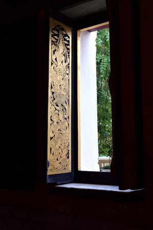 Thai style pattern window, Phra Pathommachedi temple, Nakhon Pathomの写真素材