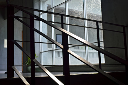 View of the stair and windows with water drop after the rainの写真素材