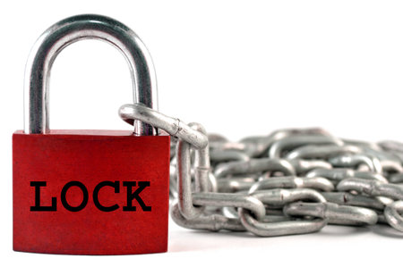 Lock and metal chain on white backgroundの写真素材