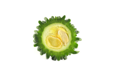 Half of balsam apple on white backgroundの写真素材