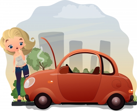 Girl and a car troubleのイラスト素材