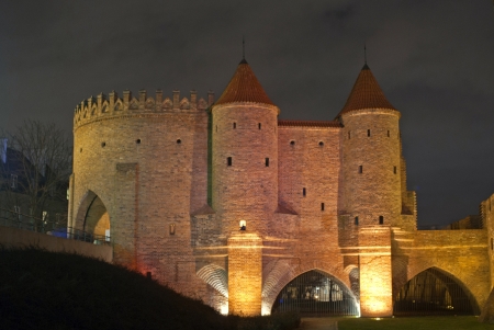 Warsaw by night - Old Town fortifications の写真素材