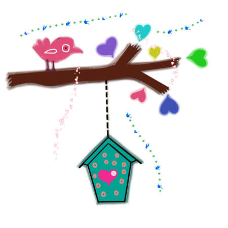Bird and birdhouse on tree branchesの写真素材