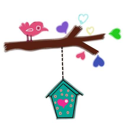 Bird and birdhouse on tree branchesの写真素材