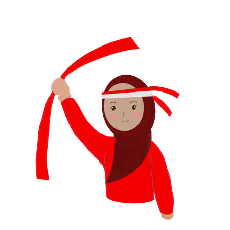 women wearing hijab wearing red and white badge for Indonesian national eventの写真素材