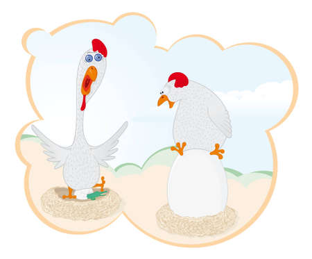 Surprise! On a poultry yard addition.  Two birds hatch eggs. のイラスト素材