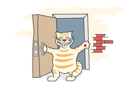 the joyful, happy cat with a smile welcomes visitorsのイラスト素材
