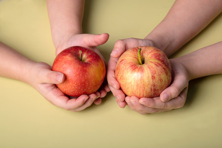 juicy, fresh, red apples in the hands of a childの写真素材