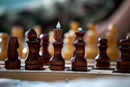 dark king and queen on a wooden chessboard