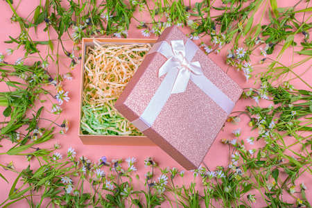 Pink gift box with a bow on a pink background in a frame of wildflowers.の写真素材