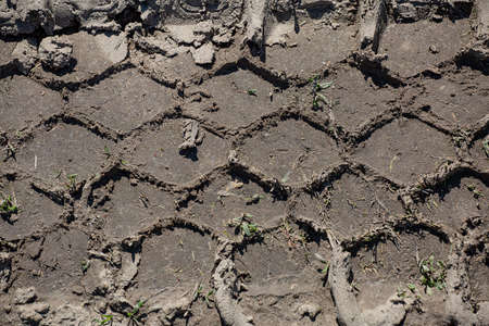 a trace of car tires on drying soilの写真素材