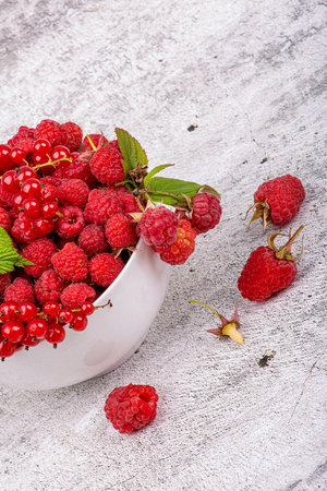 ripe raspberries and red currants in a white plate on a concrete background, close-upの写真素材