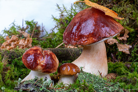 BolÃ©tus edulis. Boletus in the forest. Porcini mushrooms in green moss close-upの写真素材