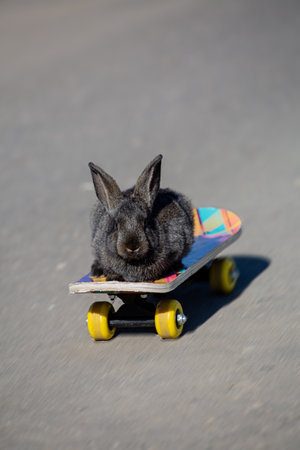 Little black rabbit rides a skateboardの写真素材