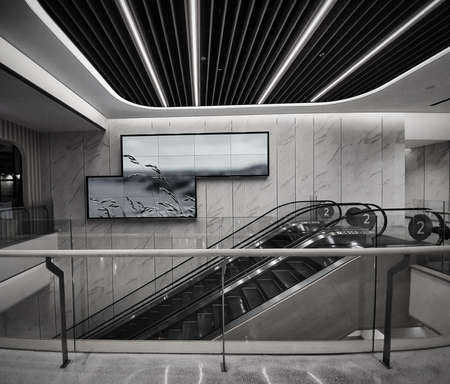 Wide angle shot of an empty enormous escalator, going up and down during covid-19 outbreak in Bangkok, 2021のeditorial素材