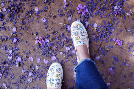 Real flowers falling on the ground and artificial ones on pair of shoesの写真素材