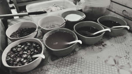 Several types of Thai noodle seasoning in black and white