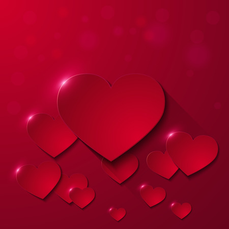 Valentine's day greeting card with paper hearts on red background, vector illustrationのイラスト素材