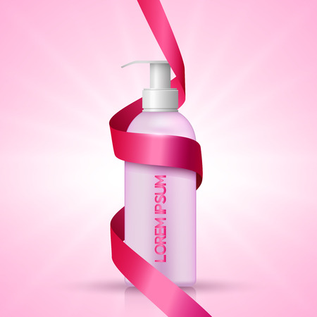 Cosmetic bottle of cream or liquid soap on colorful background with pink ribbon, package template, realistic design, vector illustrationのイラスト素材